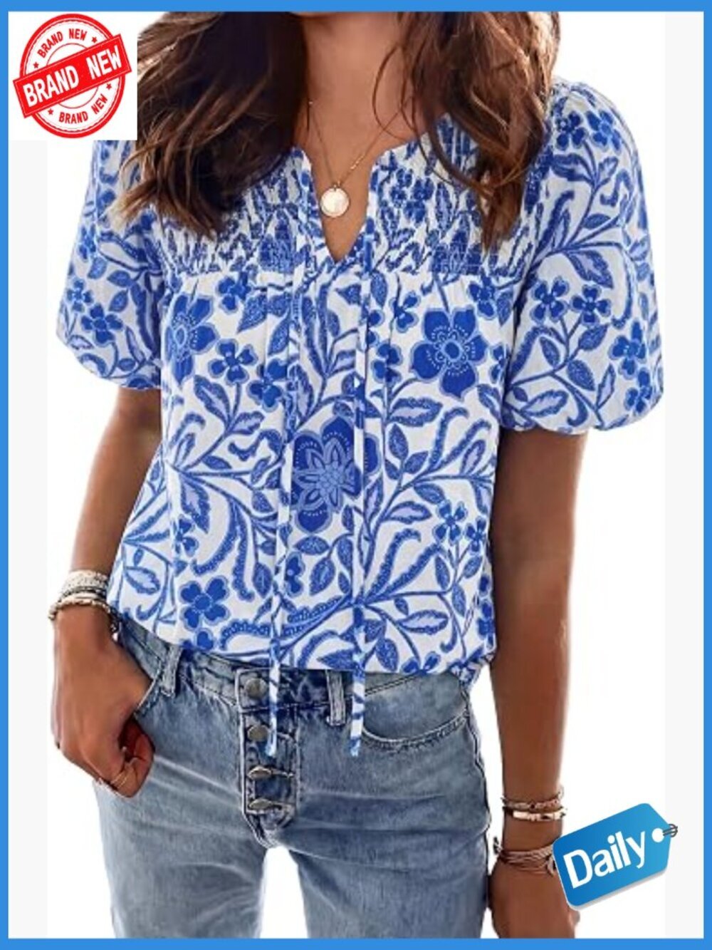 Boho Floral Blouse V Neck Drawstring Short Sleeve Beach Shirt